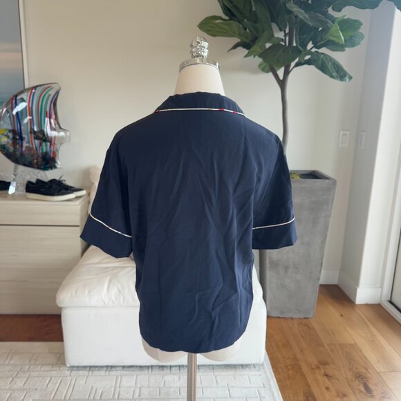 Alex Mill Navy Silk Pajama Crop Top Size M Button Up Short Sleeve Luxe Lounge - Picture 5 of 5